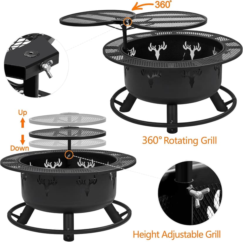 Yaheetech 32in Fire Pit Outdoor Wood Burning Firepits Outdoor Fireplace with 18.5 Inch Swivel Cooking Grill Grate & Poker Fire Bowl for Camping, Backyard, BBQ, Garden, Bonfire