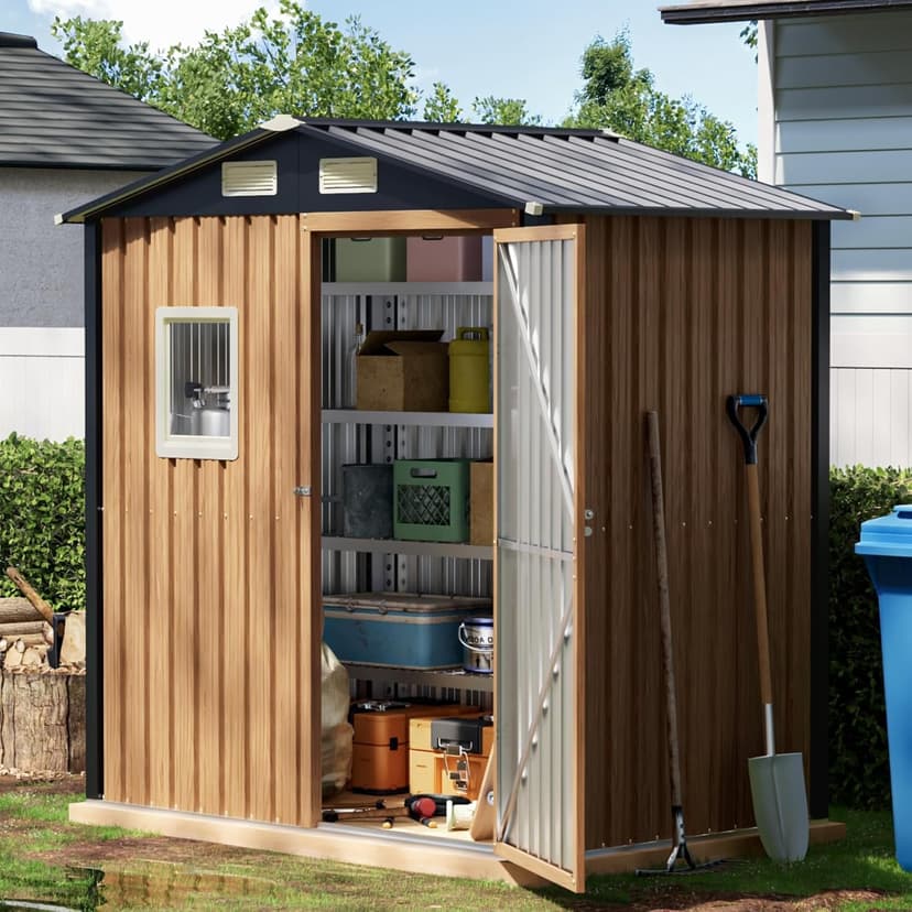 6X4FT Garden Storage Shed with Lockable Door,Steel Tool Shed with 1 Clear Window, Anti-Corrosion Metal Shed for Backyard Patio Lawn (Light Wood Grain)