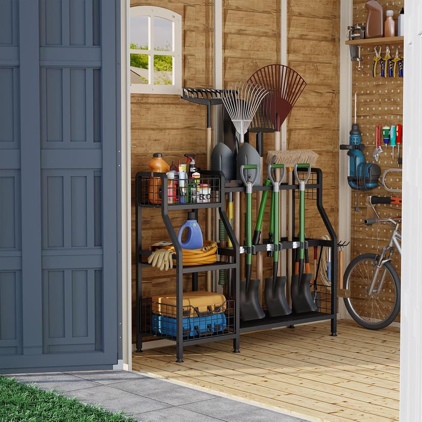 keomaisyto Garden Tool Organizer for Garage/Shed, 3 Tier Garage Tool Organizer and Storage Holder with Hooks, Large Garden Tools Tower Rack with Storage Basket for Shed/Yard/Lawn