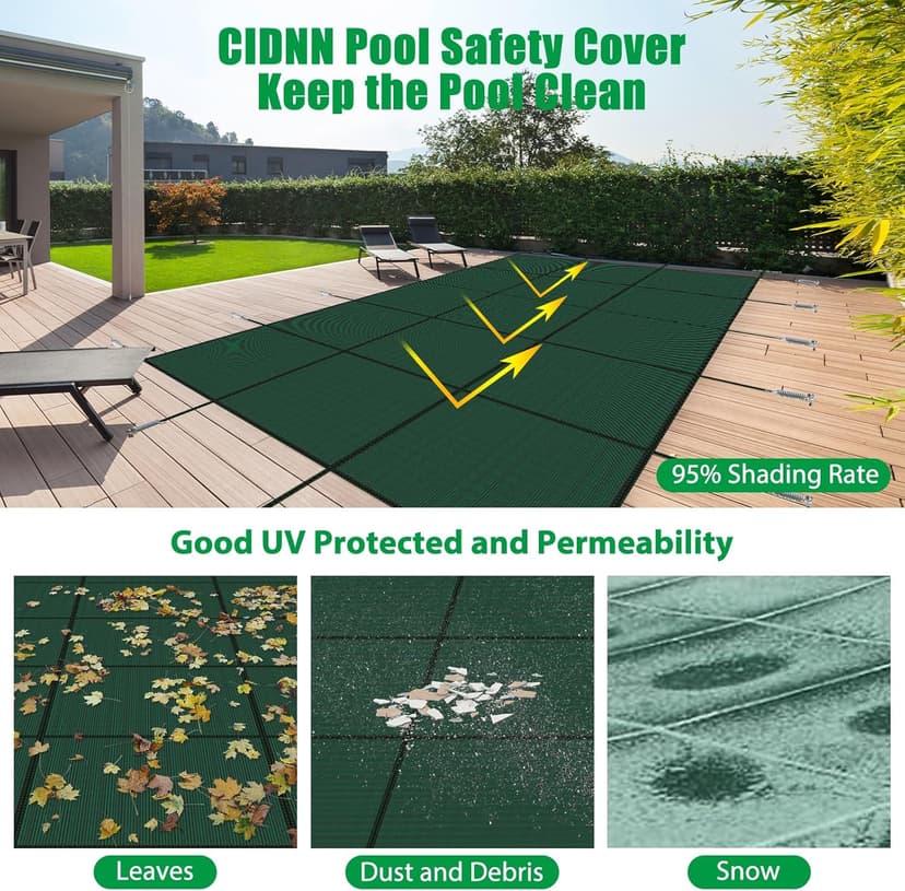Inground Pool Cover Safety Fits 15x30ft Rectangle Swimming Pool, Mesh Solid Pool Cover for Inground Pools,Winter Pool Safety Cover Includes Safety Net and Installation Tools Green