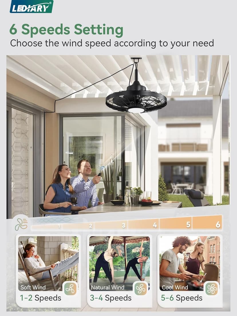 LEDIARY 20" Outdoor Ceiling Fan with Lights,IP65 Waterproof Gazebo Hanging Fan with Remote Control Smart App, Plug in Caged Ceiling Fan with 3CCT 6-Speeds for Patio Porch Pergola(Black)