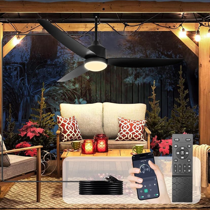 Depuley Outdoor Ceiling Fan with Light: 52 Inch Gazebo Fan Outdoor Hanging - Plug in Ceiling Fan for Patio Waterproof - Dimmable Ceiling Fan Remote App Control Black