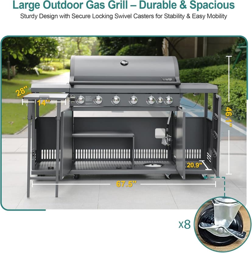 Brand-Man 6 Burner Gas Outdoor Kitchen Island Grill - 72,000 BTU Stainless Steel BBQ Grill Station with Side Burner, Storage Cabinets, Fold-out Prep Table, LPG/NG Convertible, Gray