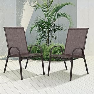 Outdoor Stackable Chairs Set of 2, Stacking Patio Chairs with Textilene Fabric, Outside Furniture for Garden Backyard Balconie Poolside Deck,Brown