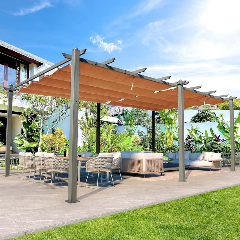 EROMMY Outdoor Retractable Pergola 12' x 20', Outdoor Aluminum Freestanding Shelter with Adjustable Sun Shade Canpoy for Patios, Beige
