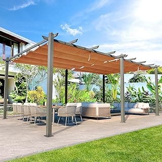 EROMMY Outdoor Retractable Pergola 12' x 20', Outdoor Aluminum Freestanding Shelter with Adjustable Sun Shade Canpoy for Patios, Beige