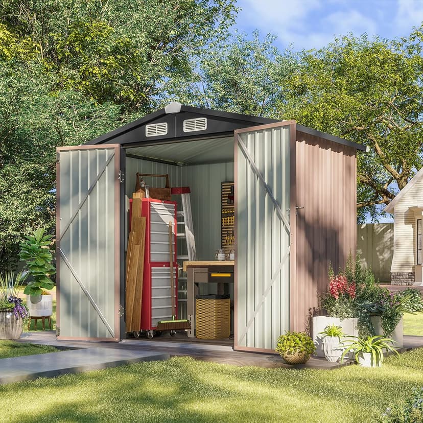 Aoxun 6.2x4 FT Shed Outdoor Storage Shed Metal Garden Shed with Lockable Doors & Slooping Roof Tool Shed Bike Shed for Backyard, Patio, Poolside (Brown)