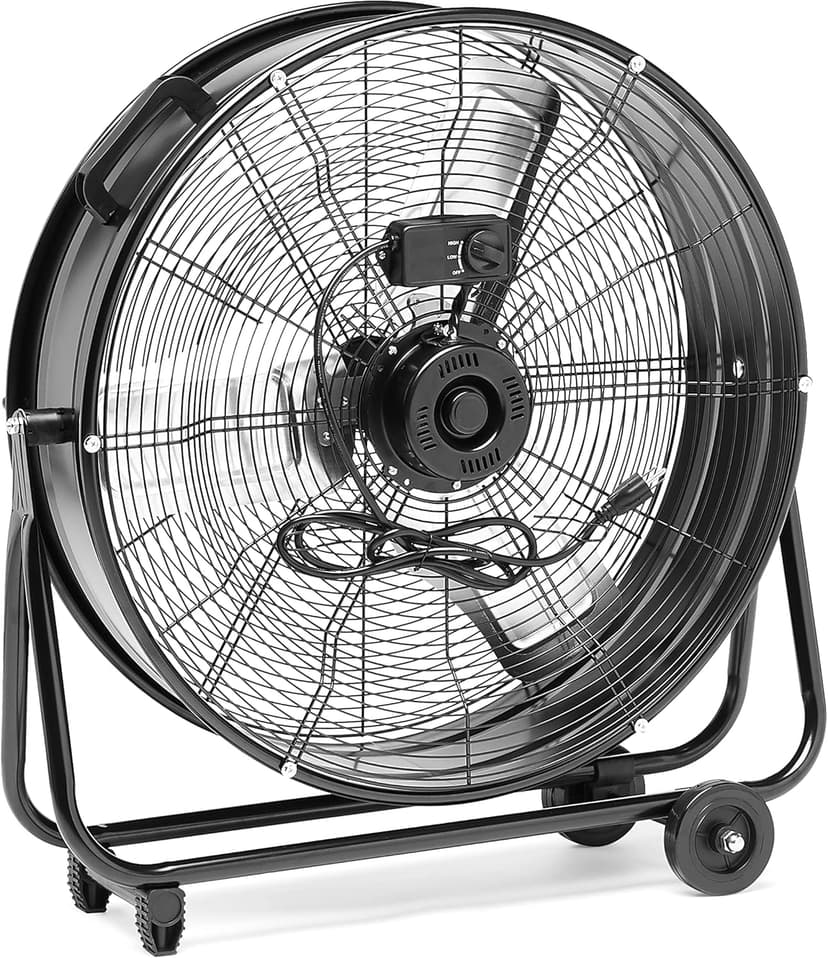 Amazon Basics 24" 215W High-Velocity, Heavy-Duty Industrial Fan, Drum Fan, with UL-Certified Safety Compliance, 2 Speeds, Up to 8820 CFM, 5.9-ft Power Cord, 2 Wheels, Metal Housing/Blades, Black