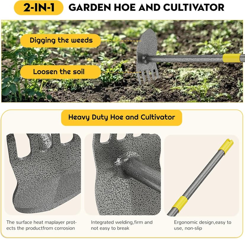 Luvenia Hoe Garden Tool Heavy Duty Garden Hoe for Weeding Loosening Soil 2 in 1 Manual Garden Tools Long Handle Adjustable 16-45 Inch Steel Shaft for Gardening