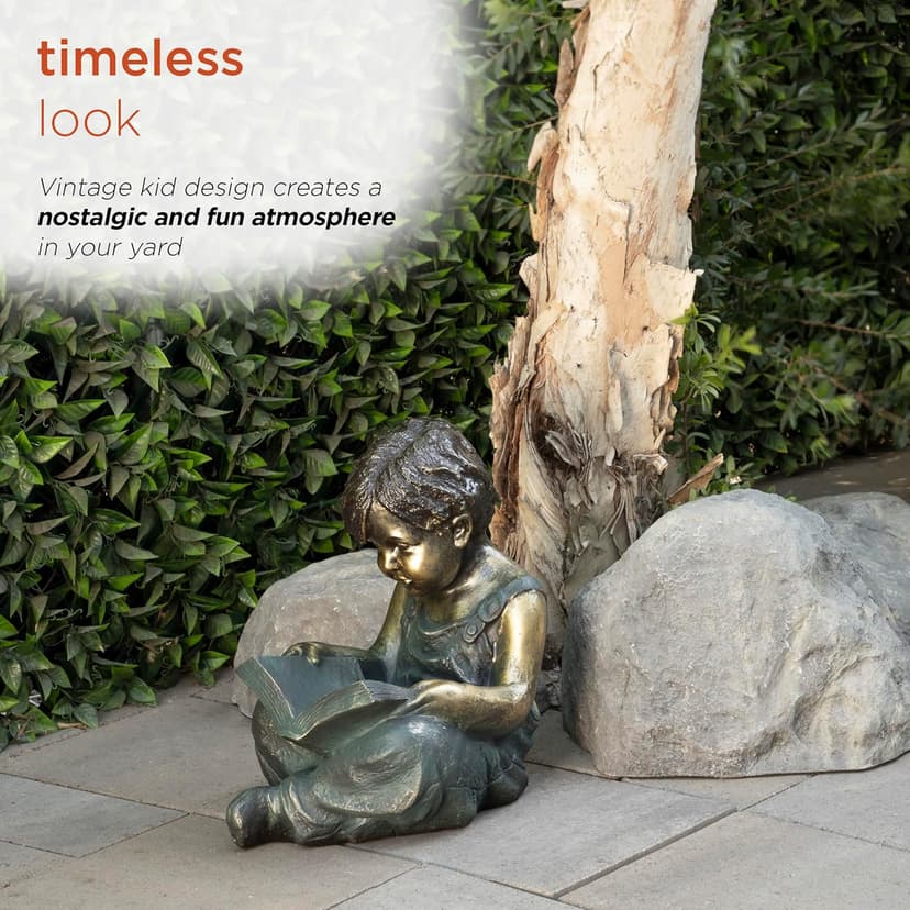 Alpine Corporation 19" Tall Indoor/Outdoor Boy Sitting Down Reading Book Statue Set Yard Art Decoration