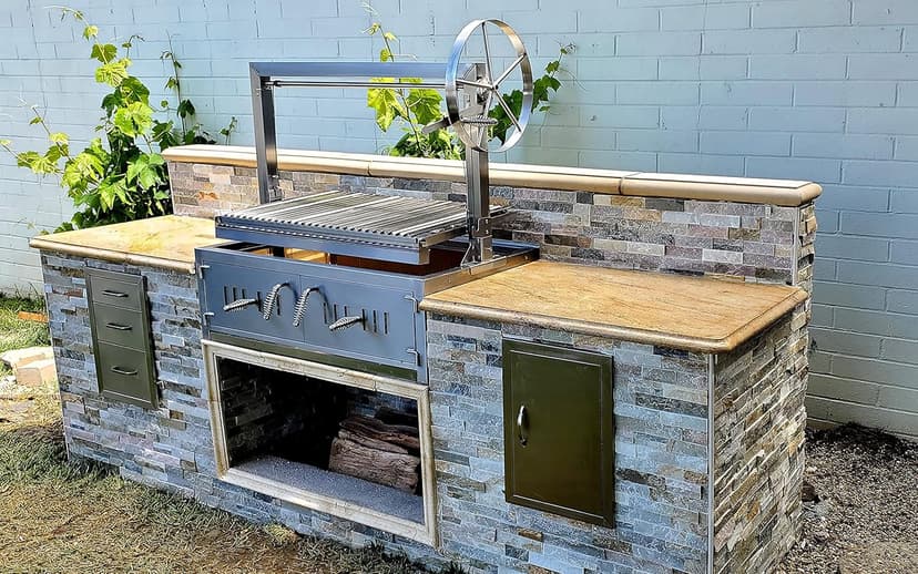 Built In/Table Top Charcoal Outdoor BBQ, Stainless Steel #430 Body and #304 Grates, Rotisserie Parrilla Santa Maria/Argentine Grill Spit