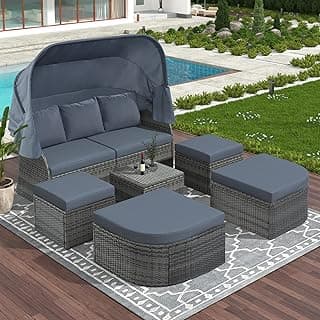 Patio Furniture Set Daybed with Lift-top Table & Retractable Canopy, Wicker Rattan Outdoor Conversation Set w/Upholstered Cushions, Outside Sectional Sofa Separate Seating for Lawn Backyard