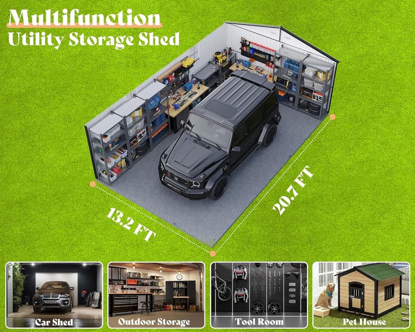 AMERLIFE 13.2x21x8 FT Outdoor Storage Shed, Huge Metal Garage Shed with 2 Double Hinged 4 Windows and Doors, Carport for Car, Truck, Bike, Garbage Can and Lawnmower, Dark Grey