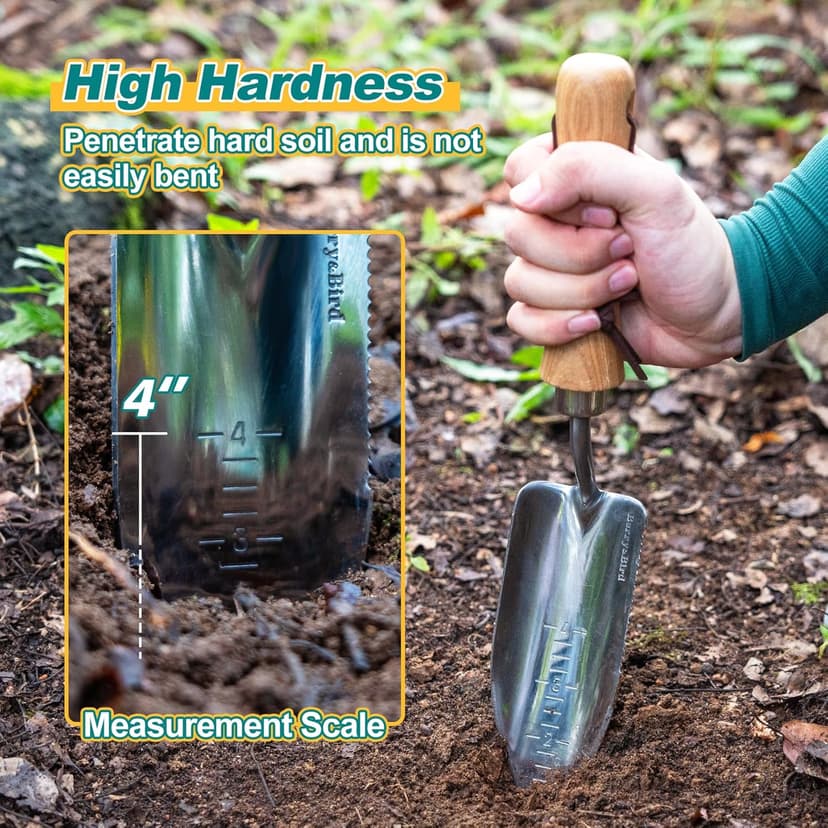 Potting Trowel, Stainless Steel Serrated Hand Shovel, Wood Handle Garden Trowel Tool with Measuring Scale for Effortless Digging,Roots，Planting, Cutting and Transplanting