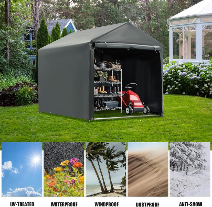 MELLCOM 5 x 7FT Carport Storage Shed, Heavy Duty Outdoor Storage Shed with Rolled up Zipper Door, Carport Canopy for Motorcycles, Bikes and Outdoor Tools