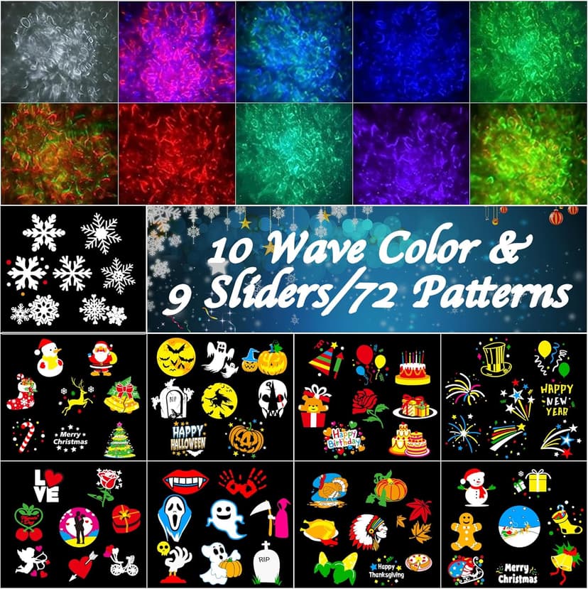 Christmas Projector Lights Outdoor, Upgrade Holiday Projection Light with Remote, 3D Ocean Wave & 72 HD Patterns, Waterproof Snowflake Projector for Xmas Party Yard Decor