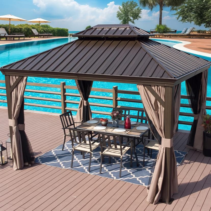 Kozyard Alexander 10' X 12' Hardtop, Aluminum Metal Gazebo with Galvanized Steel Double Roof Canopy, Curtain and Netting, Permanent Pavilion for Patio, Backyard, Deck, Lawn (Brown)