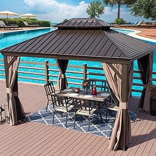 Kozyard Alexander 10' X 12' Hardtop, Aluminum Metal Gazebo with Galvanized Steel Double Roof Canopy, Curtain and Netting, Permanent Pavilion for Patio, Backyard, Deck, Lawn (Brown)
