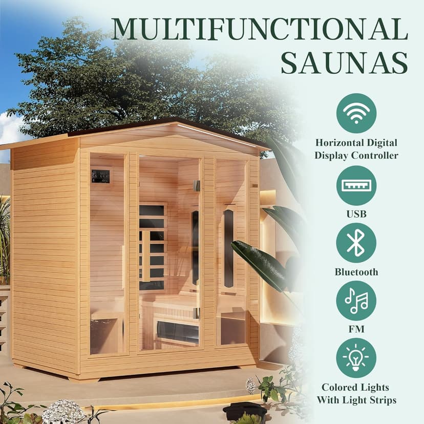 4 Person Outdoor Infrared Sauna - 3D Fast Heating Home Spa Sauna w/Chromotherapy Light, Wooden Sauna Room Kit w/Bluetooth Speaker (CE Certified,220V)