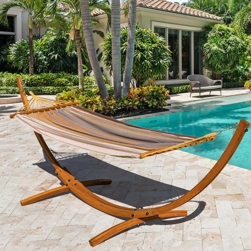 Lazy Daze Hammocks 10.5 FT Outdoor Arc Wood Hammock Stand, 2 Person Russian Pine Hardwood Hammock Stand with Carabiners and Chains, for Outdoor Patio Garden Poolside, 300lb Capacity,Brown