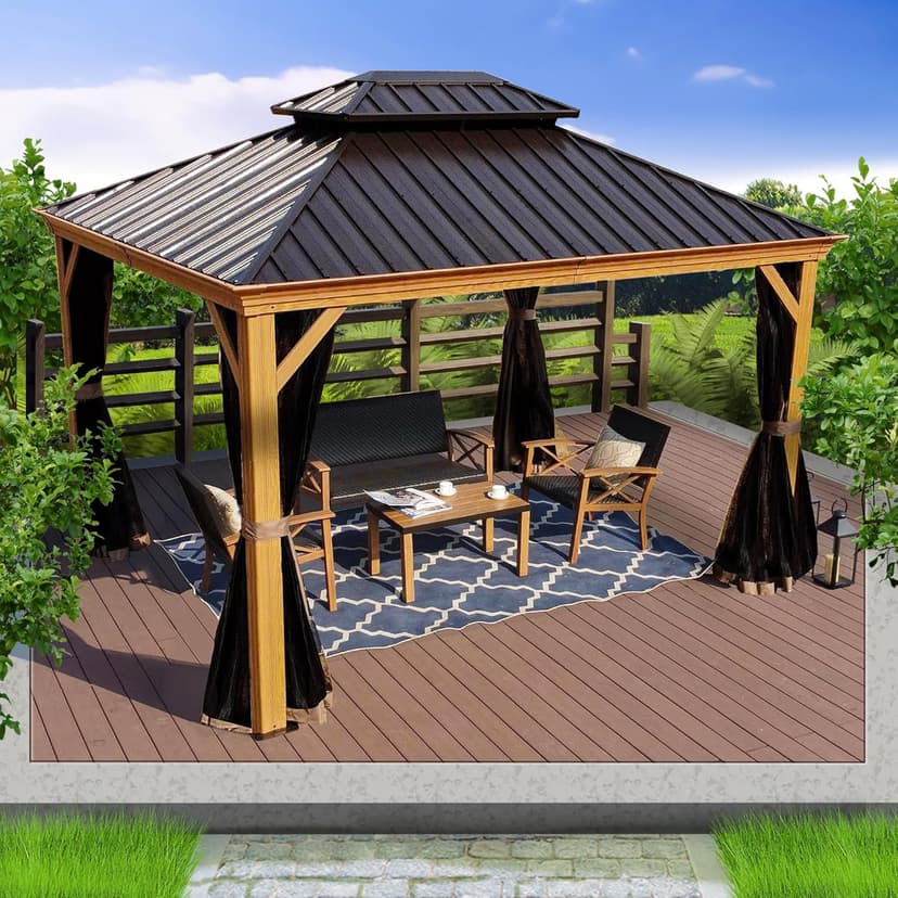 Kozyard Apollo 10’x12’ Hardtop Gazebo, Wooden Coated Aluminum Frame Canopy with Galvanized Steel Double Roof, Outdoor Permanent Metal Pavilion with Netting for Patio, Deck and Lawn (10ft x 12ft)