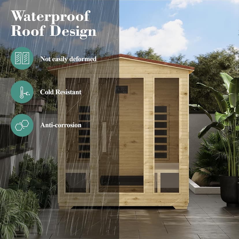 4 Person Outdoor Infrared Sauna - 3D Fast Heating Home Spa Sauna w/Chromotherapy Light, Wooden Sauna Room Kit w/Bluetooth Speaker (CE Certified,220V)