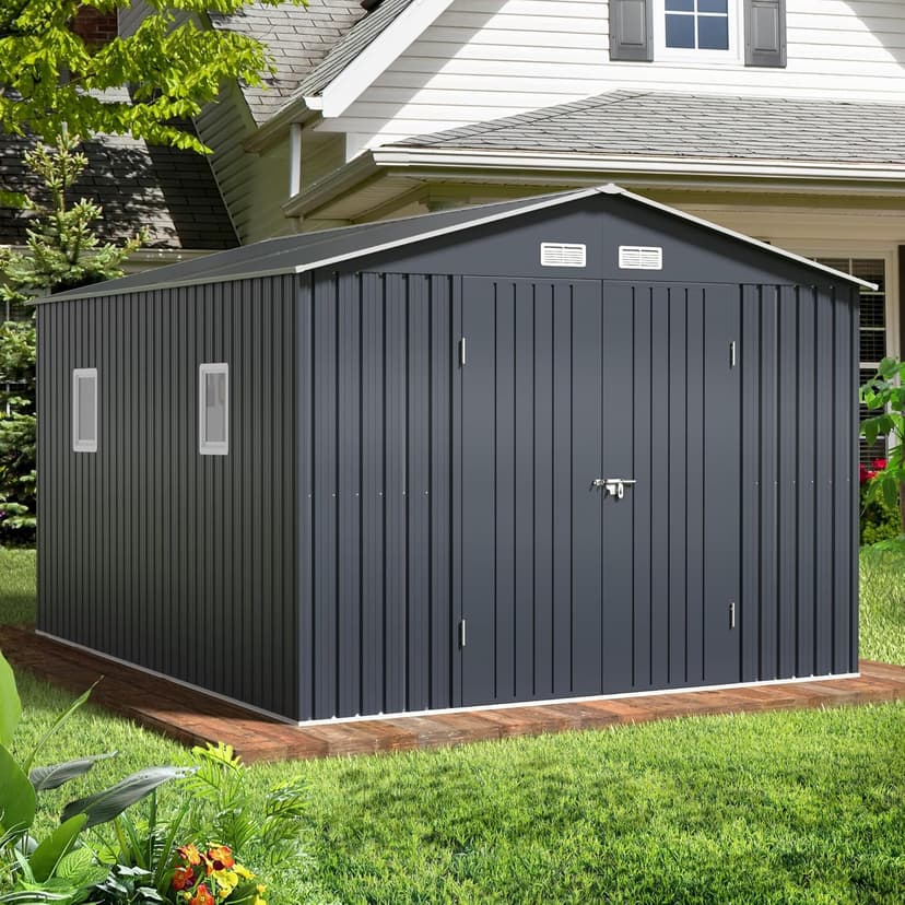 Outdoor Storage Shed 10 x 12 ft. Utility Tool Shed Metal Storage Garden Shed with Lockable Doors & Windows for Patio Storage, Midnight Blue