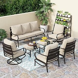 PHI VILLA 7 PCS Patio Furniture Set,Metal Outdoor Furniture with 1x 3 Seater Cushioned Deep Seating Bench Sofa, 2 Swivel Chair, 2 x Leg Chairs & 2 Ottoman,Outdoor Seating for 7 Person