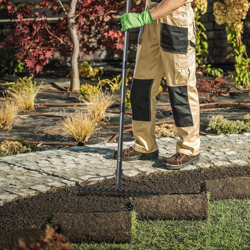 Garden Rake, 5FT Bow Rake Heavy Duty Leveling Rake with Adjustable Handle, 17 Tines Wide Head Metal Thatch Rake for Gardening Leaves Lawn Yard Mulch Rake