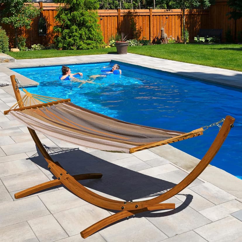 Lazy Daze Hammocks 10.5 FT Outdoor Arc Wood Hammock Stand, 2 Person Russian Pine Hardwood Hammock Stand with Carabiners and Chains, for Outdoor Patio Garden Poolside, 300lb Capacity,Brown
