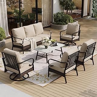 6 Piece Metal Outdoor Patio Furniture Set, Patio Conversation Set 1 3-Seater Sofa, 2 Fixed Sofa, 2 Swivel Sofa with 5.75" Thick Cushion & Coffee Table Black Backyard Furniture, Beige