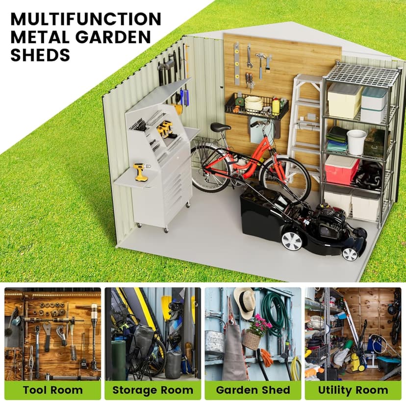 8FT x 6FT Sheds & Outdoor Storage, Metal Garden Shed, Outdoor Storage Shed, Metal Utility Tool Storage Shed with Door Lock, Waterproof Roofs, for Backyard Garden Patio Lawn, Brown
