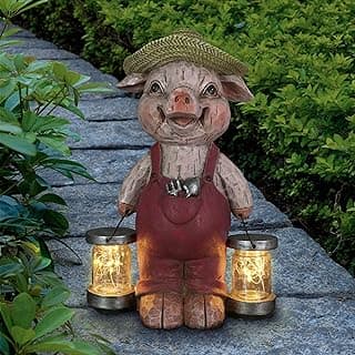 Exhart Garden Sculpture, Farmhouse Pig Solar Garden Statue with Glass Jars, LED Firefly Lights, Outdoor Garden Decoration, 12.5 Inch