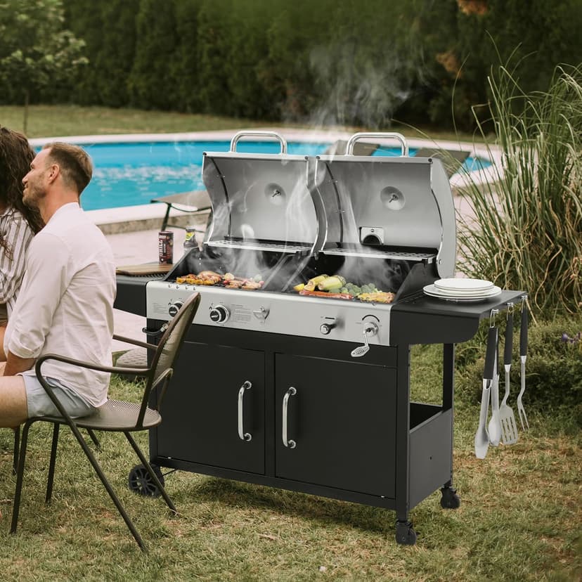 Royal Gourmet ZH3002N Propane Gas and Charcoal Grill Combo, Dual Fuel BBQ Grill with 2 Side Shelves for Outdoor Patio Garden Backyard Barbecue, 20,000 BTUs, Silver & Black