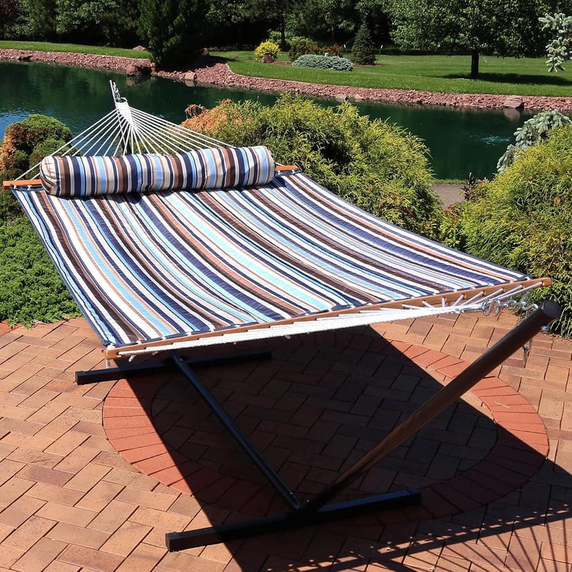 Sunnydaze Quilted Outdoor Hammock with Spreader Bars - Heavy-Duty 450-Pound Capacity Double Hammock for Outside - Ocean Isle