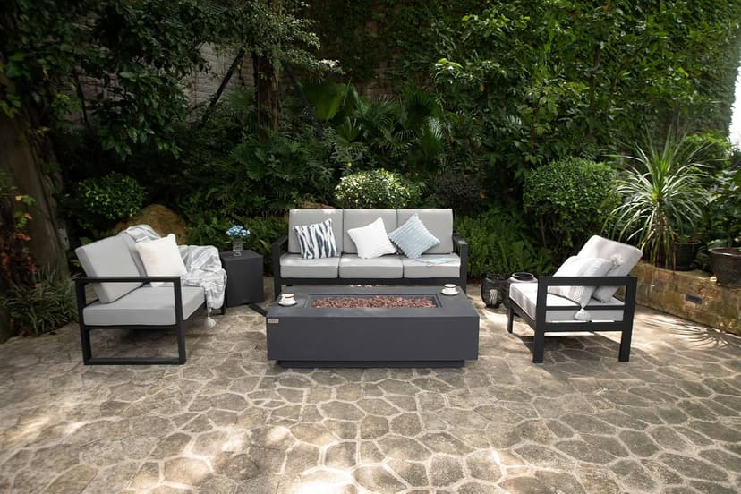 AMS Fireplace | Madison 60"x32" Rectangular Concrete Natural Gas Fire Pit Table | Dark Gray | Travertine (coarse) Texture Surface | Outdoor Patio Heater Electronic Ignition Outside Backyard Fireplace