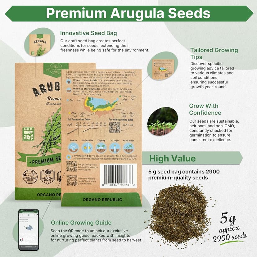 Organo Republic Arugula Roquette Seeds Pack 5G - Over 2900 Non-GMO Heirloom Arugula Seeds for Planting Greens in Individual Seed Packet, Greens Seeds for Planting Home Garden Indoor & Outdoor Garden