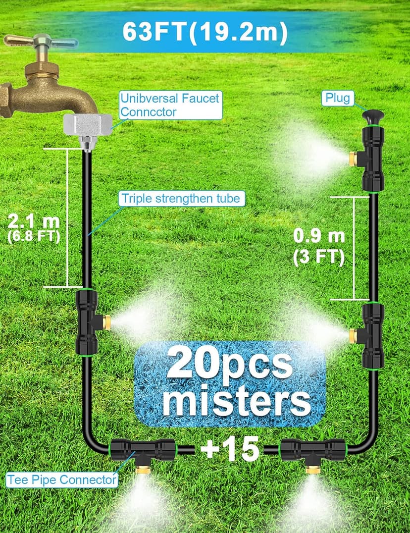 Misters for Outside Patio 63FT(19.2M)+21 Brass Mist Nozzles+a Brass Adapter(3/4") Detachable outdoor misting cooling system for Garden, waterpark, Greenhouse, Backyard, Fan, Umbrella, Deck, Canopy