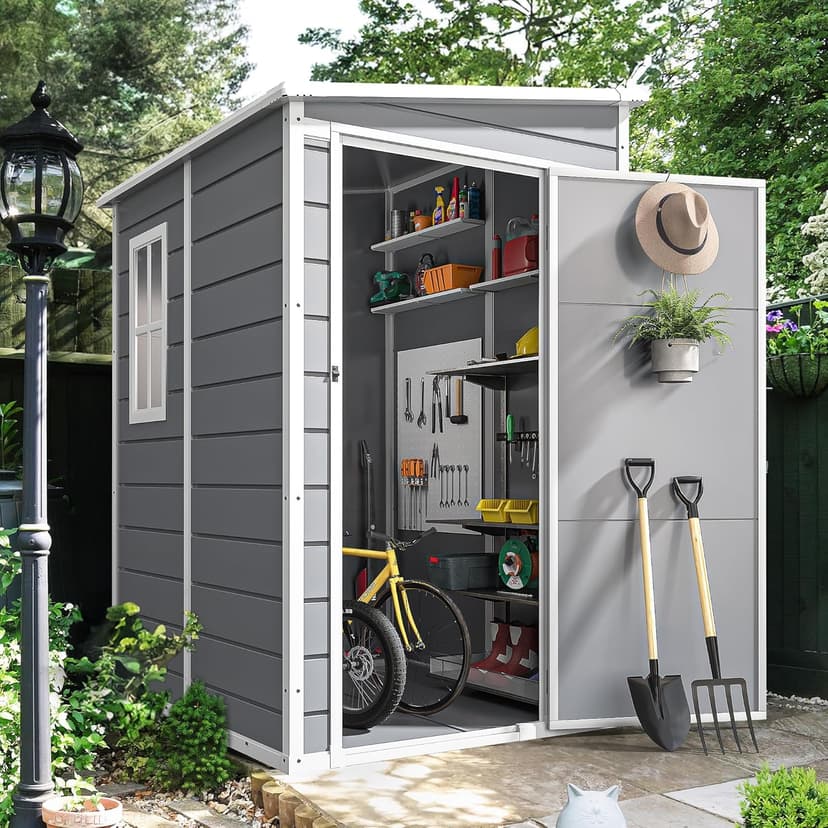 DWVO 5x4 FT Outdoor Storage Shed with Reinforced Floor, All-Weather Resin Storage Shed with Lockable Door & Window, Waterproof Plastic Tool Storage for Garden, Backyard, Patio, Lawn