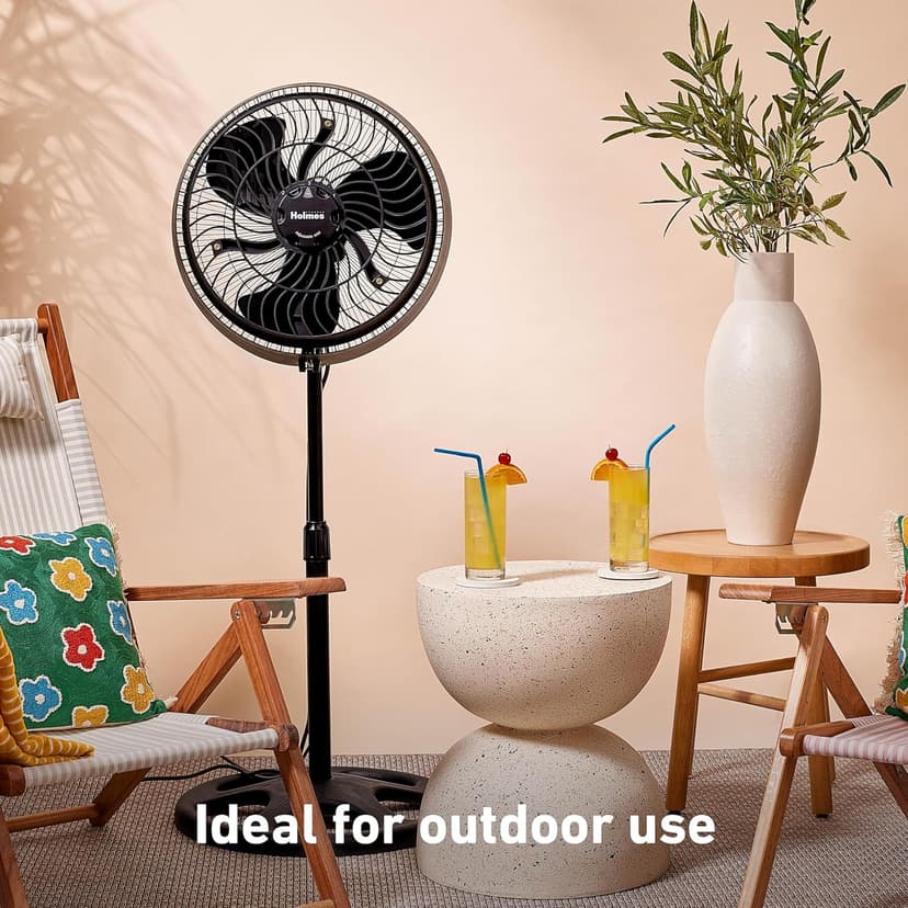 HOLMES 16" Outdoor Misting Stand Fan, Hose Connection, 3 Speeds, 3 Micro-Mist Levels, 80° Oscillation, Adjustable Height, 25° Head Tilt, GFCI Plug, Black