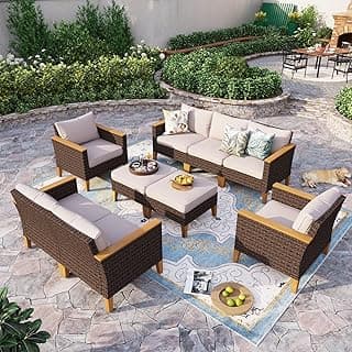 Sophia & William Wicker Patio Furniture Set, Outdoor Rattan Sectional Sofa 9 Piece Patio Conversation Set with 4 x Corner Sofa, 2 x Single Chairs, 1 x Armless Couch, 2 x Ottoman for Deck, Backyard