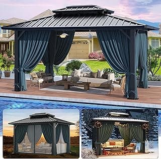 HOTEEL 10x12 Hardtop Gazebo Hot Tub Gazebo with Flame-Retardant Curtain Netting, Heavy Duty Pavilion with Galvanized Steel Double Roof, Aluminum Frame Outdoor Canopy for Patio and Party (Upgraded 3.0)