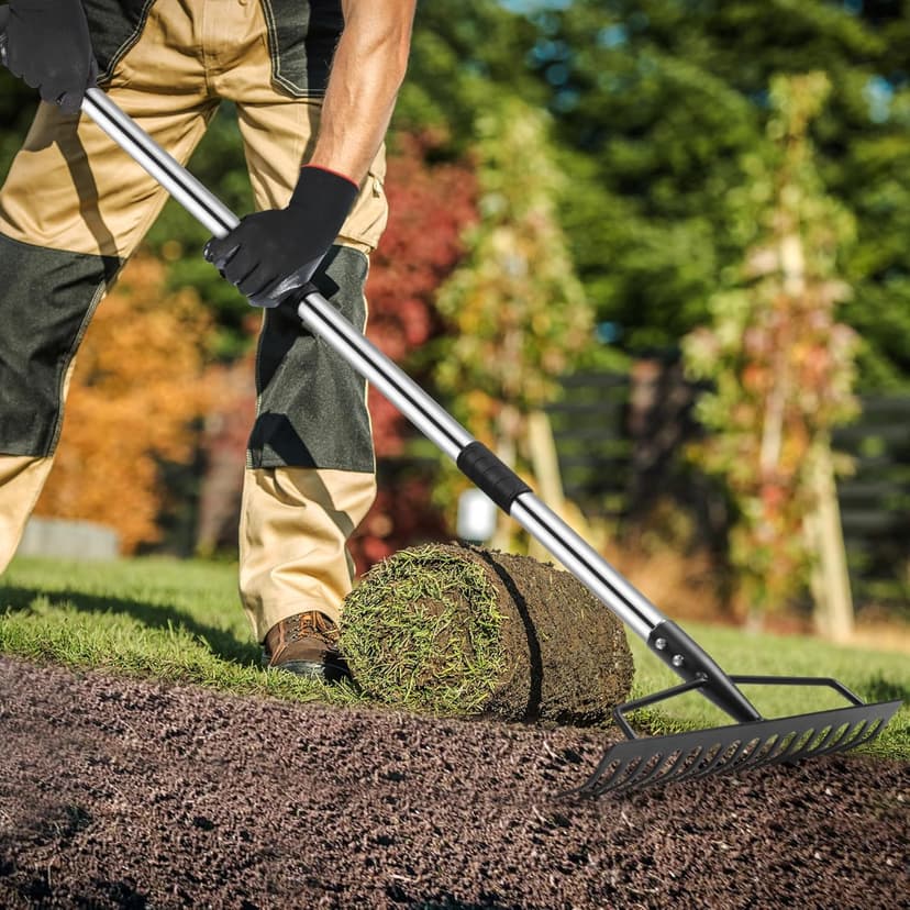 5.2FT Garden Rake, 16 Tines Metal Rakes with Adjustable Stainless Steel Handle, Bowrake for Lawns Heavy Duty Loosening Soil Farming Land Management, Gathering Leaf Yard Rake with Gloves