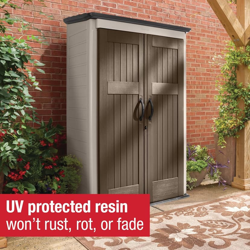 Rubbermaid Vertical Resin Outdoor Storage Shed, With Floor (4 x 2.5 Ft), Weather Resistant, Brown, Organization for Home/Backyard/Garden Tools/Porch/Patio Cushions/Pool Chemicals/Toys