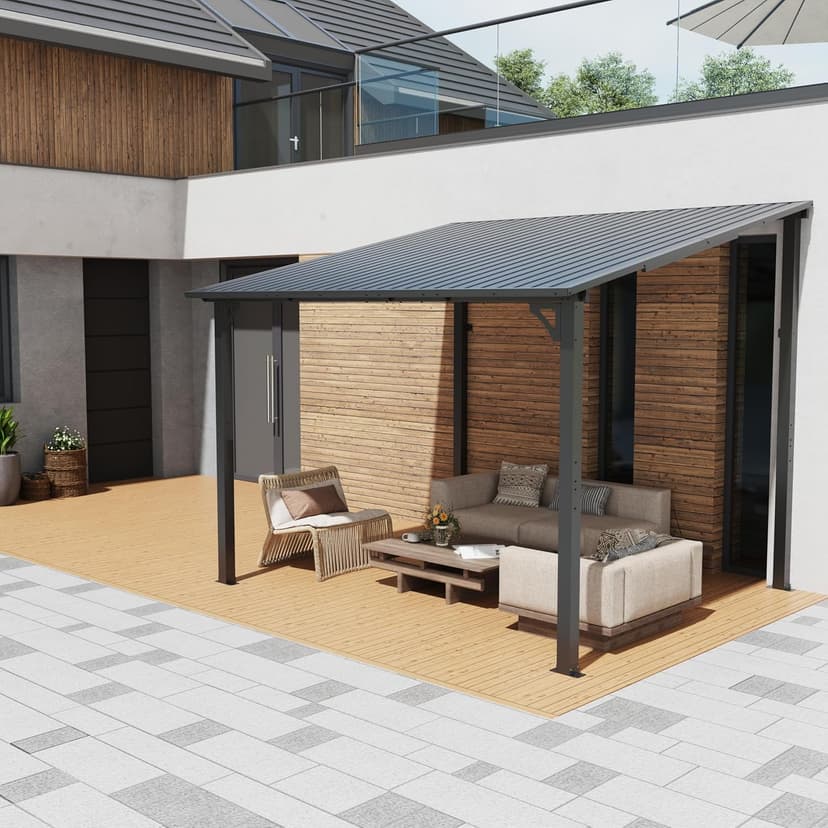OC Orange-Casual 8x10 FT Patio All-Iron Gazebo,Hard Top Lean to Gazebo Pergola with Roof,Wall Mounted Heavy Duty Awnings, for Outdoor, Backyard, Deck