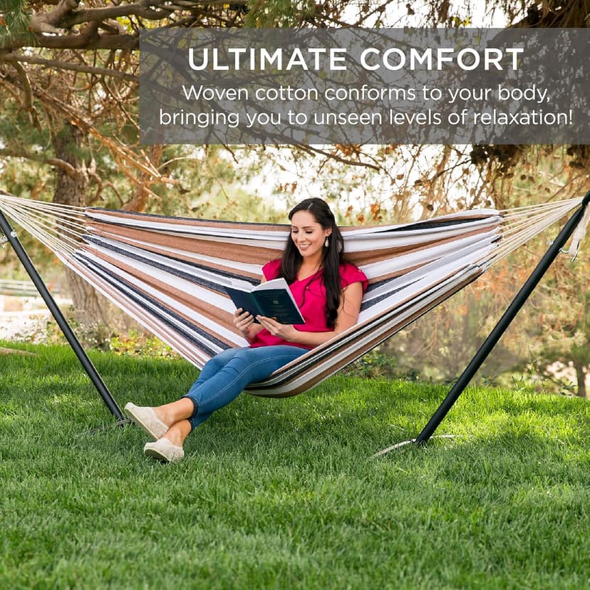 Best Choice Products Double Hammock with Steel Stand, Indoor Outdoor Brazilian-Style Cotton Bed w/Carrying Bag, 2-Person Capacity - Desert Stripes