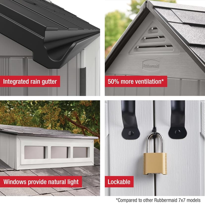 Rubbermaid Resin Outdoor Storage Shed With Floor (7 x 7 Ft), Weather Resistant, Gray, Organization for Home/Backyard/Garden Tools/Lawn Mower/Bike Storage/Pool Supplies