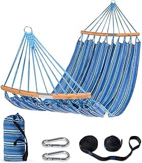SUNCREAT Hammocks Double Hammock with Curved Spreader Bar, Outdoor Portable Hammock with Carrying Bag & Tree Straps for Bedroom, Patio, Backyard, Balcony, Max 450lbs Capacity, Blue
