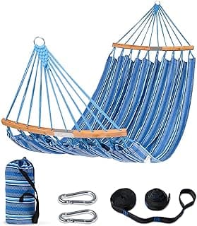 SUNCREAT Hammocks Double Hammock with Curved Spreader Bar, Outdoor Portable Hammock with Carrying Bag & Tree Straps for Bedroom, Patio, Backyard, Balcony, Max 450lbs Capacity, Blue