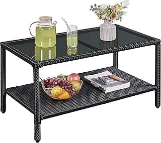 Yaheetech Outdoor Wicker Coffee Side Table, All-Weather Rattan Patio Storage Furniture with Tempered Glass Top for Garden, Black